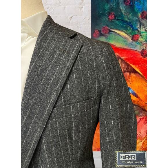 Vintage Polo Ralph Lauren 40R Gray Stripe Wide Lapel Flannel Blazer Sport Jacket - Picture 4 of 15